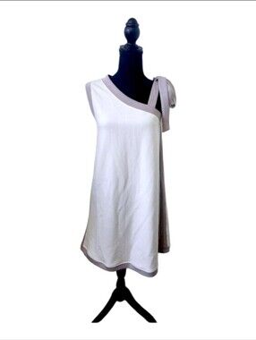 P Cill One-Shoulder White Dress with Taupe Trim and Tie Shoulder